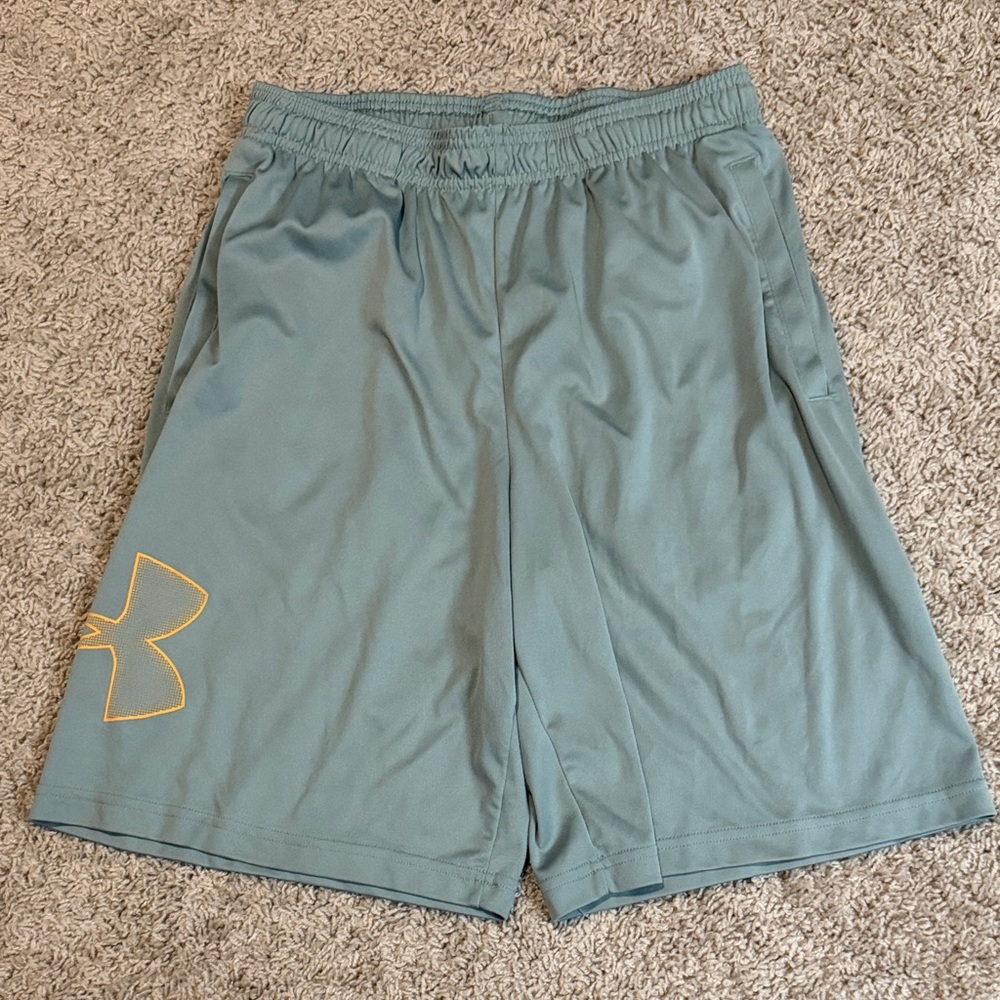 Under Armour Men's Teal Shorts with Yellow Logo Medium